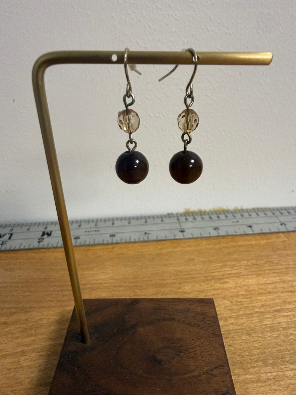 Brown cats eye stone dangle earrings with rhinestone accent